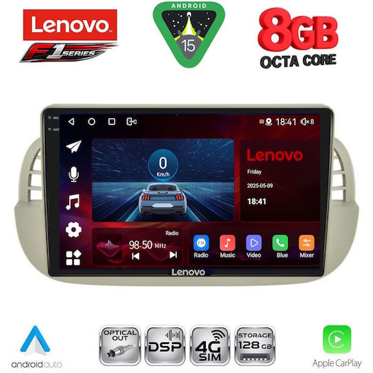 Lenovo Ηχοσύστημα Αυτοκινήτου για Fiat 500 2007-2015 (Bluetooth/USB/WiFi/GPS/Apple-Carplay/Android-Auto) με Οθόνη Αφής 9"