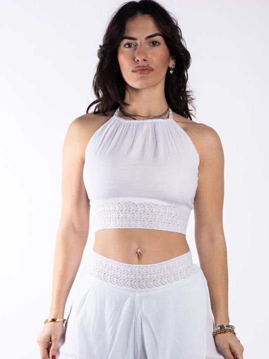 Γυναικείο Καλοκαιρινό Crop Top Βαμβακερό με Τιράντες Λευκό