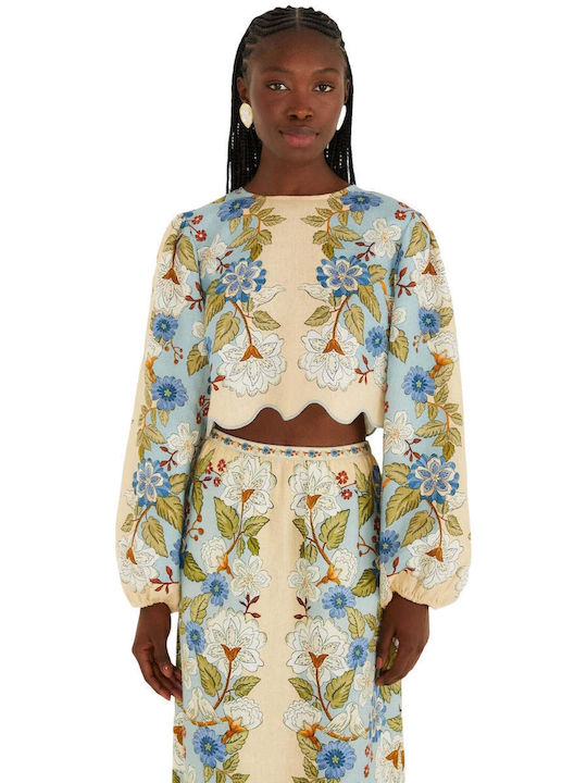Γυναικείο Καλοκαιρινό Crop Top Λινό Μακρυμάνικο Floral Garden Scarf Blue
