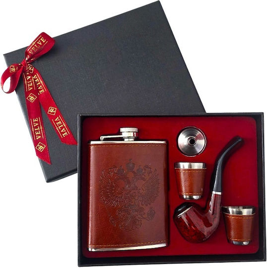 Men's Gift Set Vlv 5 Pieces Flask Pipe 2 Glasses Funnel Brown
