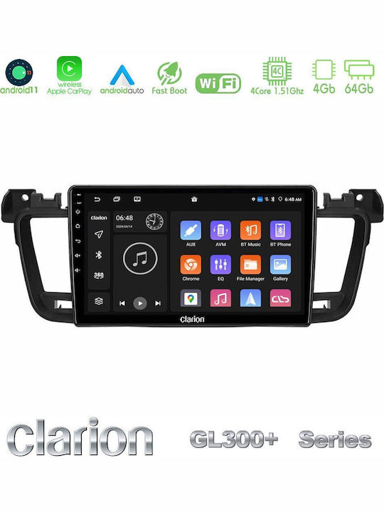 Clarion Car Audio System for Peugeot 508 2010-2018 (Bluetooth/USB/AUX/WiFi/GPS/Apple-Carplay/Android-Auto) with Touch Screen 9"