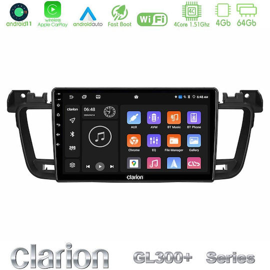 Clarion Car Audio System for Peugeot 508 2010-2018 (Bluetooth/USB/AUX/WiFi/GPS/Apple-Carplay/Android-Auto) with Touch Screen 9"