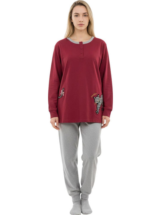 Lovelx Homewear Χειμερινό Γυναικείο Σετ Πιτζάμας Βαμβακερό Μπορντό