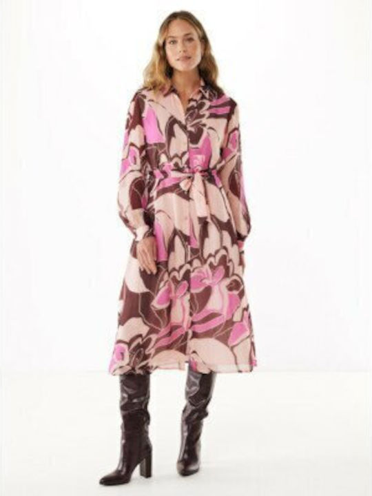 Summer Midi Shirt Dress Long Sleeve Pink