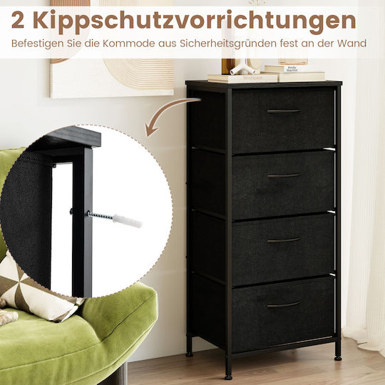 Wooden Chest of Drawers with 4 Drawers Black Velvet-Black Metal with Fabric Coating 45x30x95cm