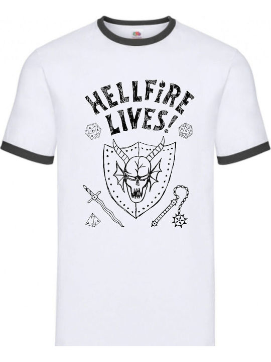 T-shirt Ringer Unisex " Stranger Things Hellfire Lives " White Black T-shirt Ringer Unisex " Stranger Things Hellfire Lives " White Black