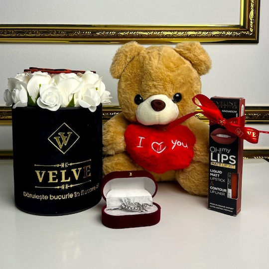 Special Valentine Package 25 Cm Teddy Bear Arrangement 9 Soap Roses Brooch Cosmetics Set In A Gift Box