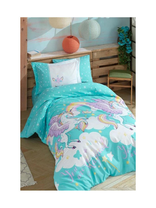 Kids Duvet Cover Set Single Turquoise Unicorn Clouds 160x220 Cm