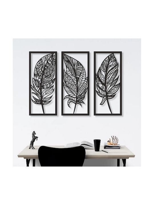 Wooden Wall Decor Feathers Set of 3 Pieces Black 22 x 50 cm