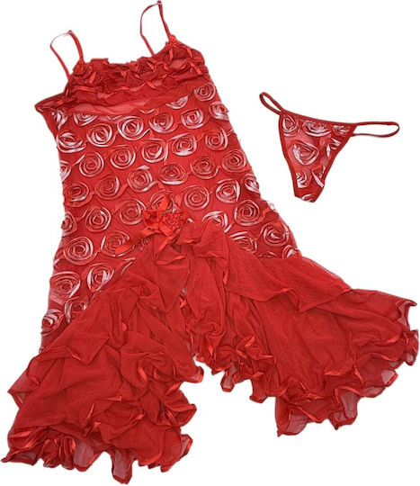 Set Women's Transparent Floral Nightgown String Red