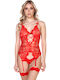 Bodysuit Dantelat String Cu Jartiere Incorporate Ciorapi Roșii