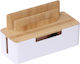 Relaxdays Bamboo Cable Management Box with Base for Tablets / Phones 16 x 30 x 13 cm - White / Light Brown