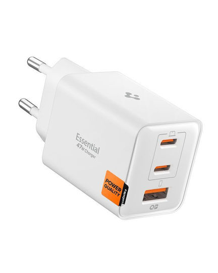 Spigen Ladegerät ohne Kabel mit USB-A Anschluss und 2 USB-C Anschlüsse 47W Stromlieferung Weißs (Essential)