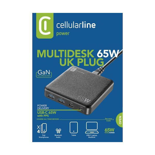 Cellular Line GaN с 2 USB-A порта и 2 USB-C порта 65W Power Delivery Черен