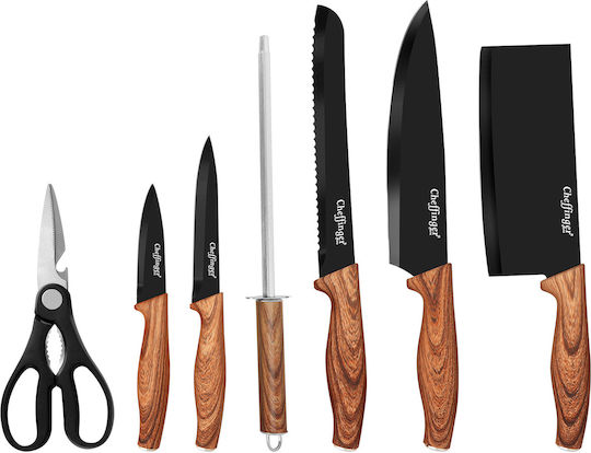 Cheffinger 7-piece Knife Set Wooden-look Handles Stand Black
