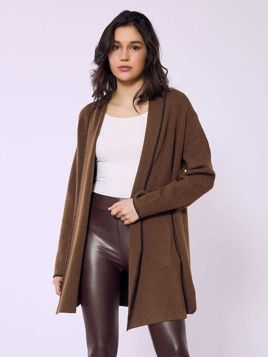 Celestino Women's Cardigan Embroidered Detail Loose Fit Brown