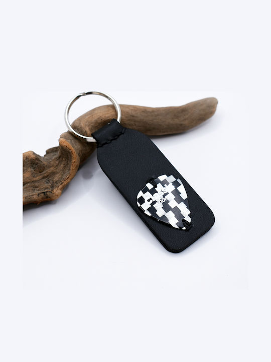Handmade Leather Guitar Pick Keychain Checkered Black And White Black Leather