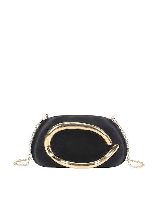 Avizar Women's Evening Clutch Bag Gold Metal Handle Celina Statement Black