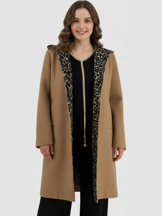 Femeie Leopard Camel Palton cu Glugă