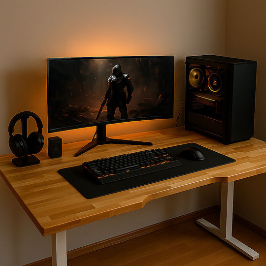 Ηλεκτρικό Γραφείο Skymnos Gaming Μασίφ Ξύλο Οξιάς Λευκά Μεταλλικά Πόδια & Ρυθμιζόμενο Ύψος 160x65εκ