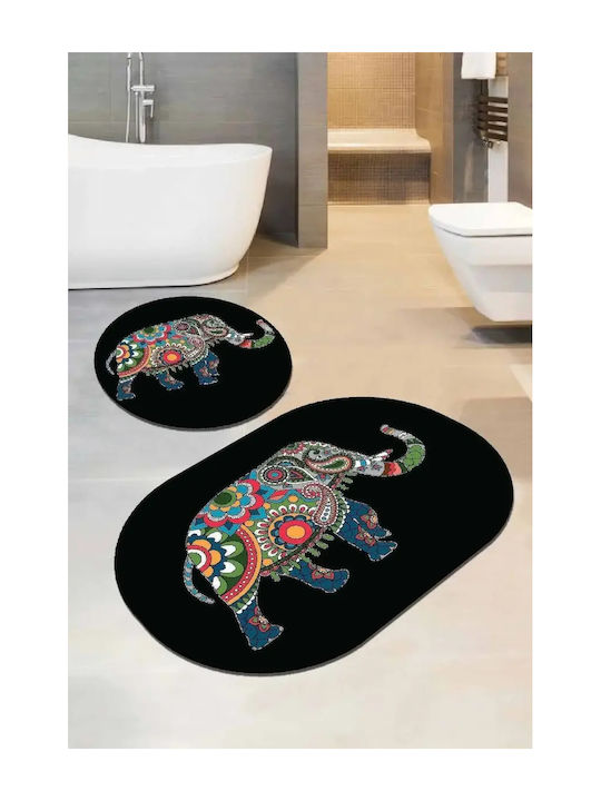 Bath Mat Set Black Colorful Elephant 2 Pieces 60 x 60 Cm
