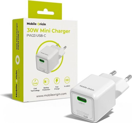 Mobile Origin Φορτιστής Χωρίς Καλώδιο GaN με Θύρα USB-C 30W Power Delivery Λευκός (PW23)