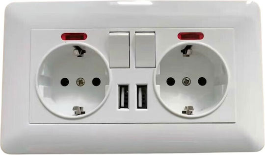 Διπλή Χωνευτή Πρίζα Ρεύματος με 2 Θύρες USB με Διακόπτη