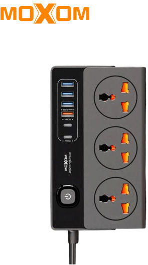 Moxom Steckdosenleiste mit Überspannungsschutz 9 Positionen mit 4 USB-A, USB-C, Schalter und Kabel 2m