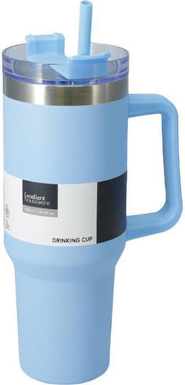 Excellent Houseware Handled Tumbler Thermos Bottle Plastic 1.2lt Light Blue With Straw And Handle