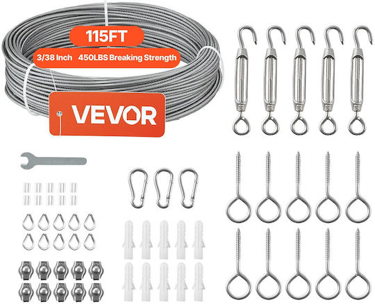 Vevor Wire Rope Set 2 Mm Thickness 35.1 M Length Stainless Steel 304 Cable 2 Kn Breaking Strength 7 X 7 Strand Construction Steel Cable Railing System Garden Lights