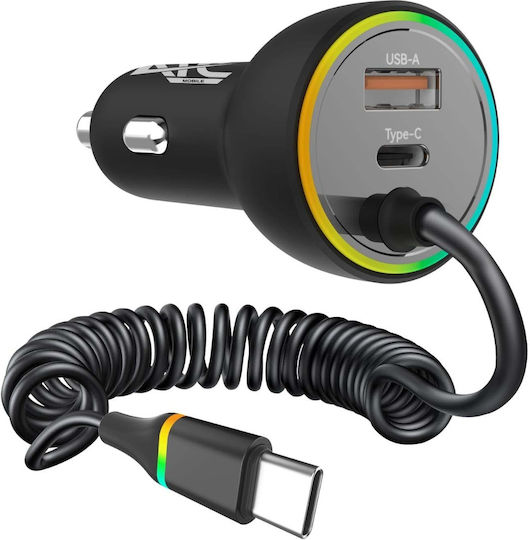 ATC Auto-Ladegerät 70W 7A Schnellladung mit Anschlüssen: 1xUSB 1xType-C mit Kabel Typ-C,TC-TC Schwarz Farbe