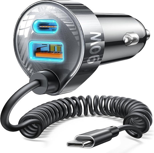 Lisen Încărcător Auto Cu Mufă De Brichetă 90W Încărcare Rapidă Cu Porturi 1xUSB-A 1xType-C Cu Cablu Type-C Culoare Neagră