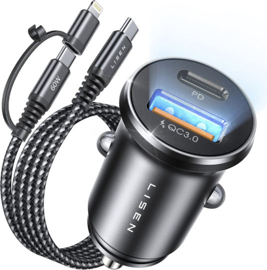Lisen Автомобилен Заряден Уред 48W с Портове 1xUSB-A 1xType-C с Кабел Type-C / Lightning Черен Цвят