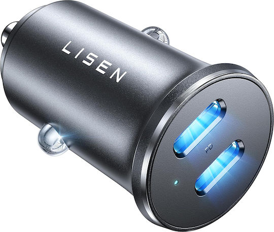Lisen Încărcător Auto Cu Mufă De Brichetă 45W Încărcare Rapidă Cu Porturi 1xUSB-A 1xType-C Culoare Neagră