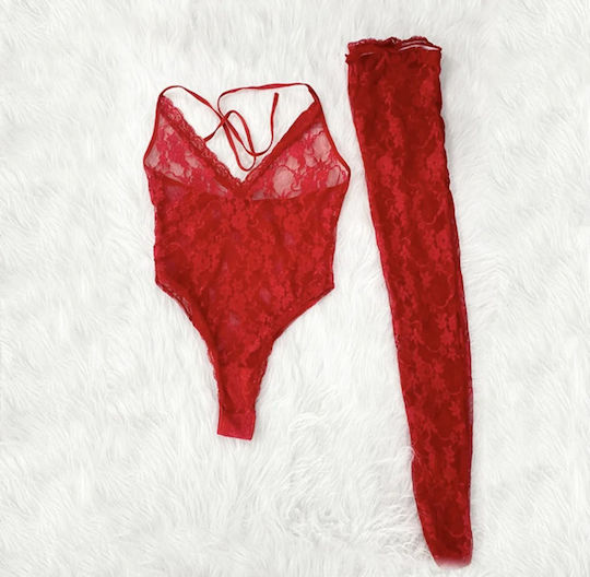 Sexy Deep V Neck Sexy Underwear Bodysuit Stockings Set Red