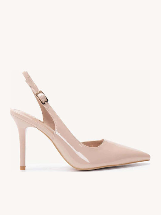 Pantofi Cu Toc Bej Din Lac Slingback Cu Barete ...