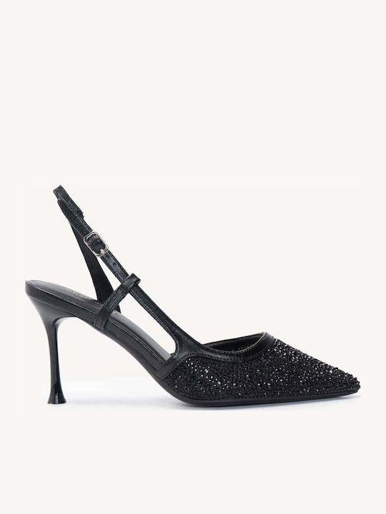 Μαύρες Μυτερές Γόβες Slingback Στρας Λεπτό Τακούνι