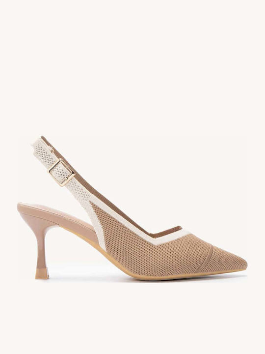 Pantofi Cu Toc Bej Elastic Slingback Textură Tr...