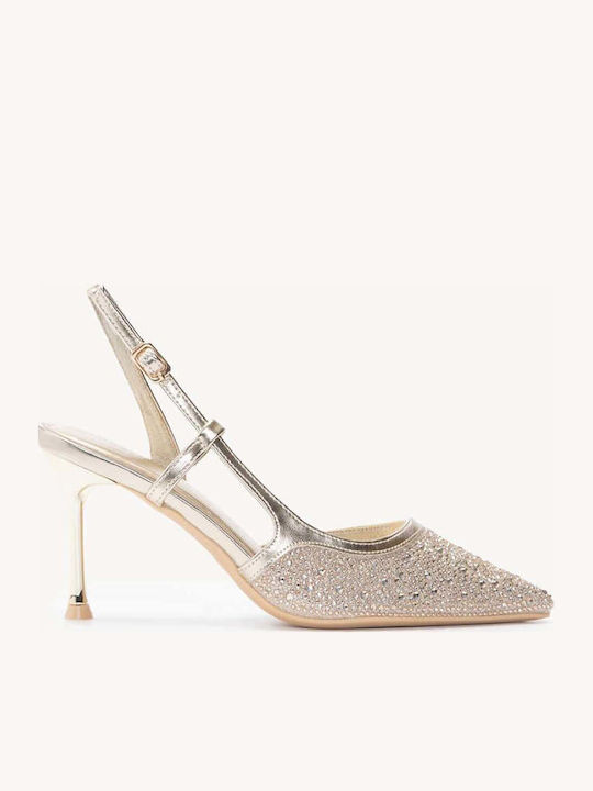 Χρυσές Μυτερές Γόβες Slingback Στρας Λεπτό Τακούνι