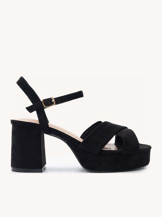 Black Suede Sandals Thick Heel Slip-On