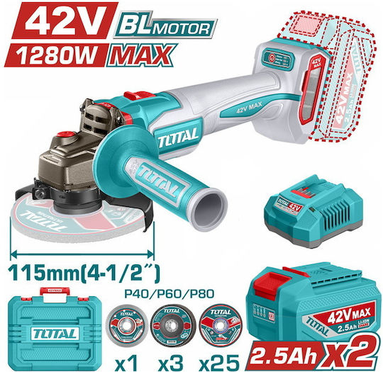 Total TAGLI4128112E Τροχός 115mm Μπαταρίας Brushless με Ρύθμιση Στροφών 2x2.5Ah