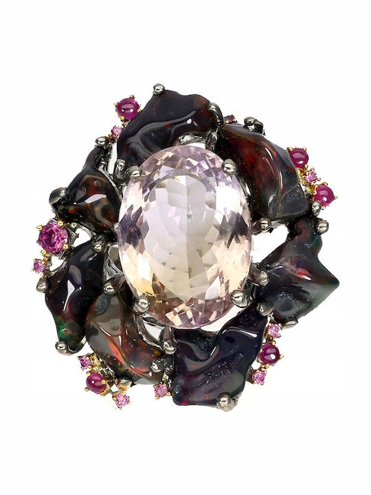 Silver Ring Size 14 Amethyst 2.1ct Black Opals