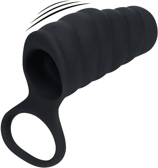 Vibrating Ribbed Silicone Cock Sleeve Ball Ring Black