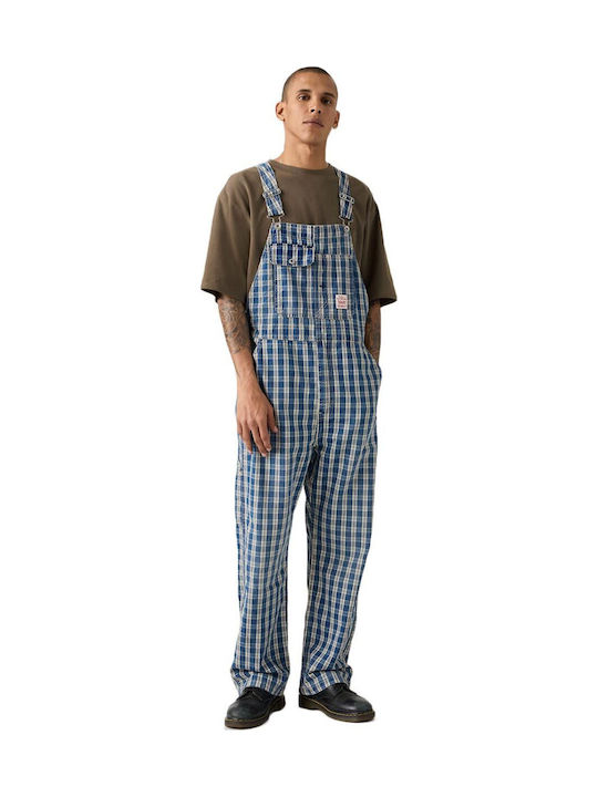 Men's Denim Dungarees with Loose Straight Fit Check Blue
