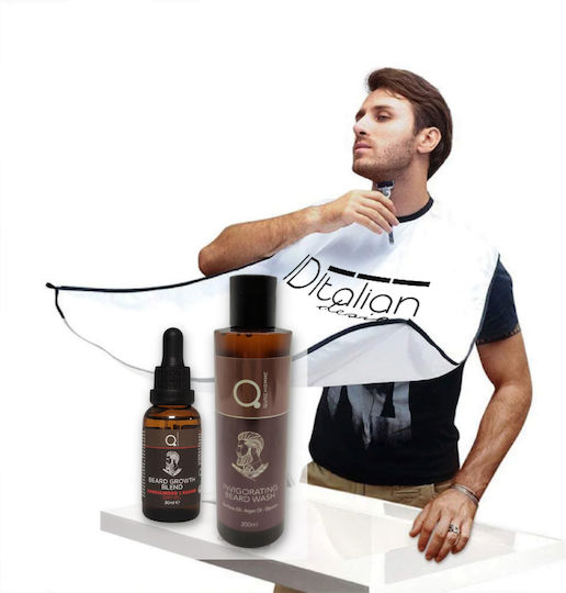 Beard Grooming Cape & Invigorating Beard Wash 200ml & Beard & Face & Dryoil Growth Blend Sandalwood Kashmir 30ml Bundle By Qure