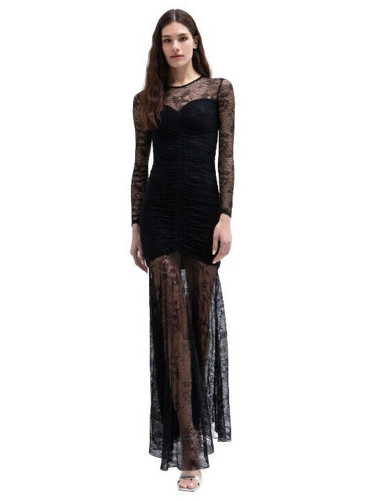 Toi&Moi Maxi Evening Dress Drape with Lace Black