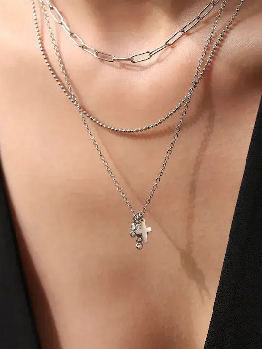 Necklace Double from Steel with Diamond & Zircon