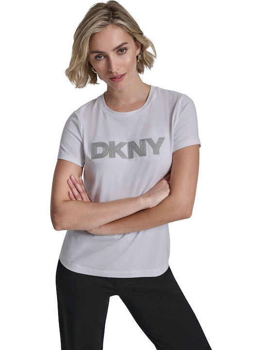 DKNY Logo Bluză Damă Bumbac Mâneci Scurte Albă