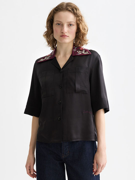 Women's Floral Short Sleeve Shirt Black
