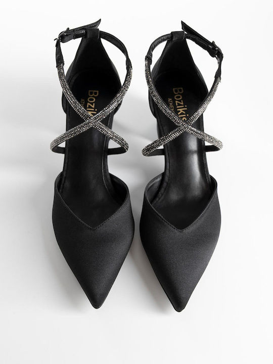 Pointed Toe Heels Satin with Strap and Chunky Medium Heel Black A26-069-0586 Satin-Black